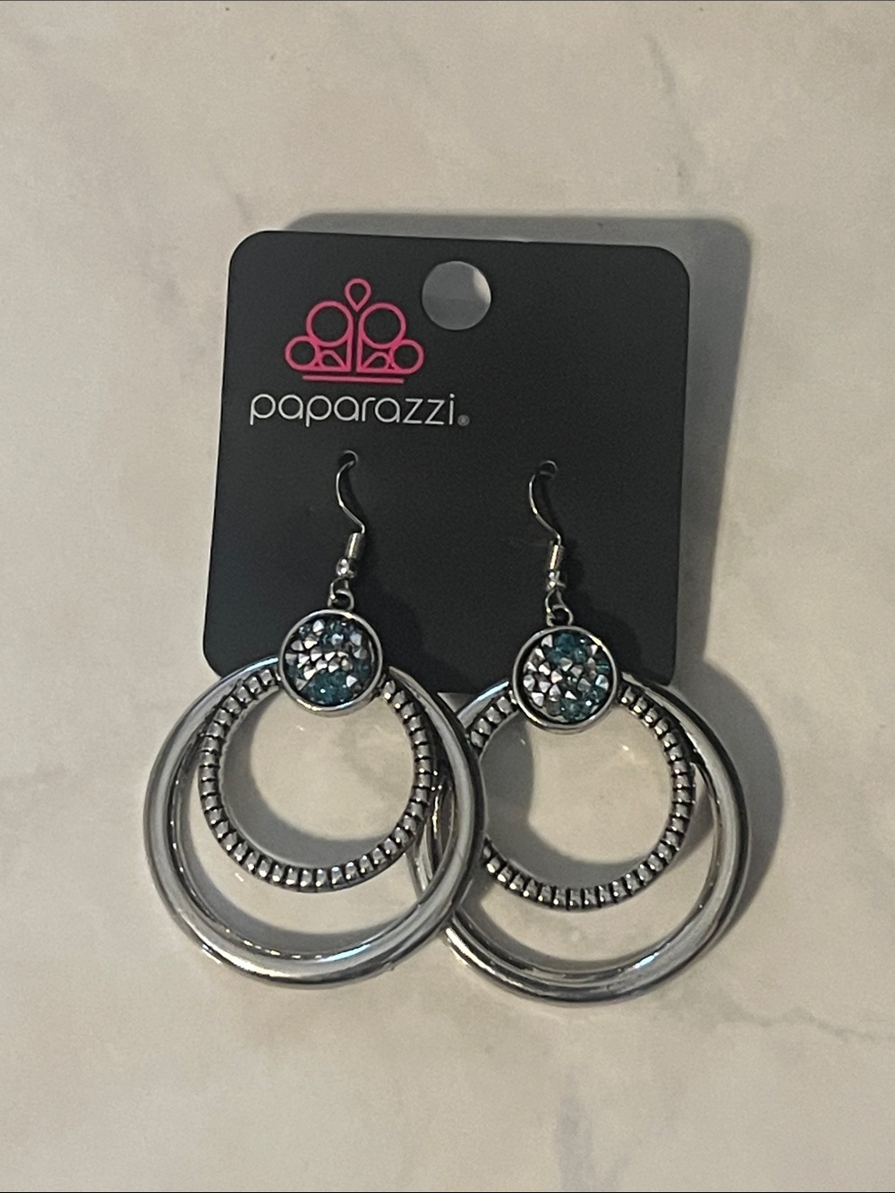 Paparazzi Silver-Tone Double Hoop Earrings with Aqua Stones
